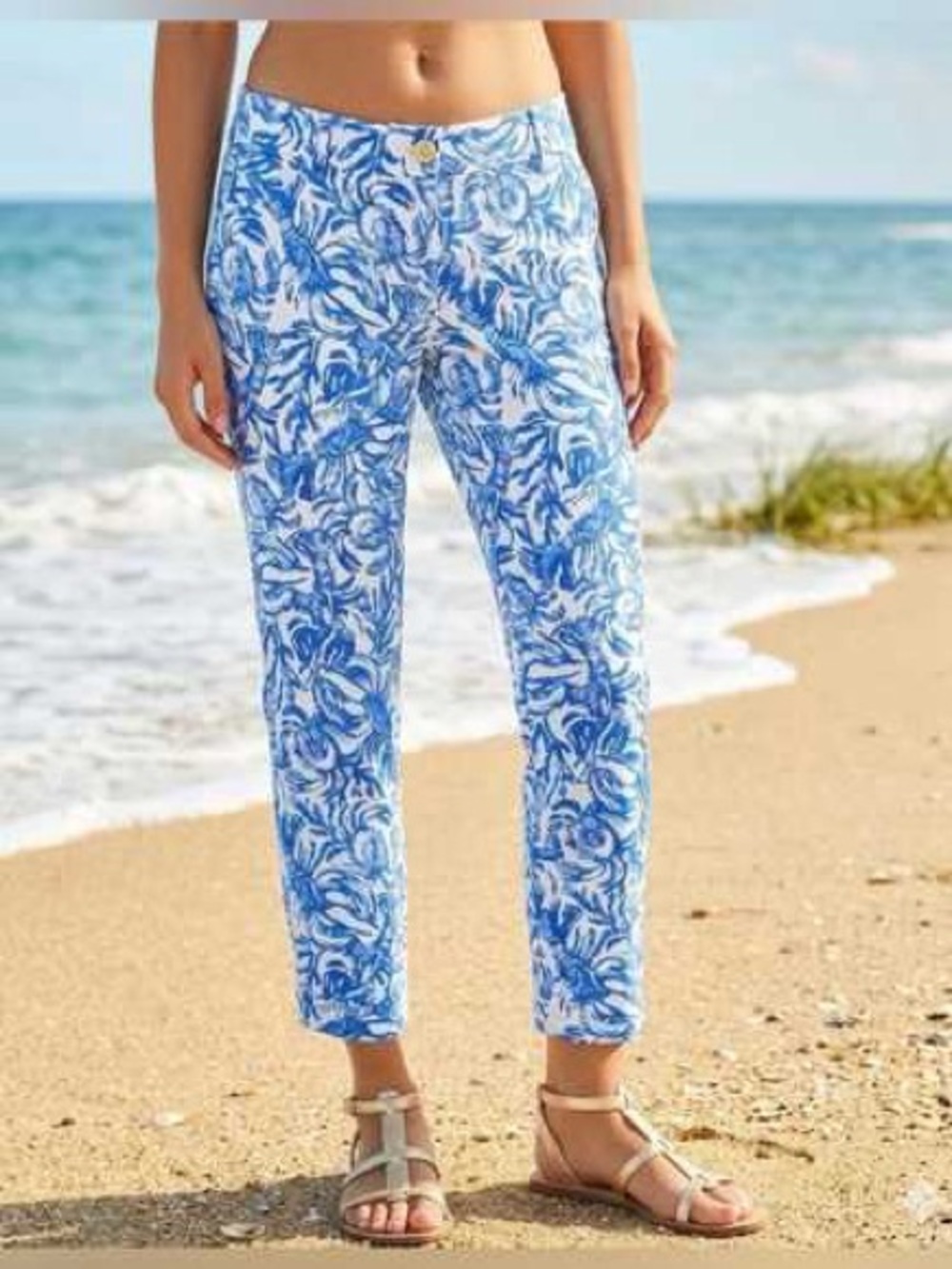 Lilly Pulitzer Sadie Pants Blue White On A Roll Lobster Crab Print